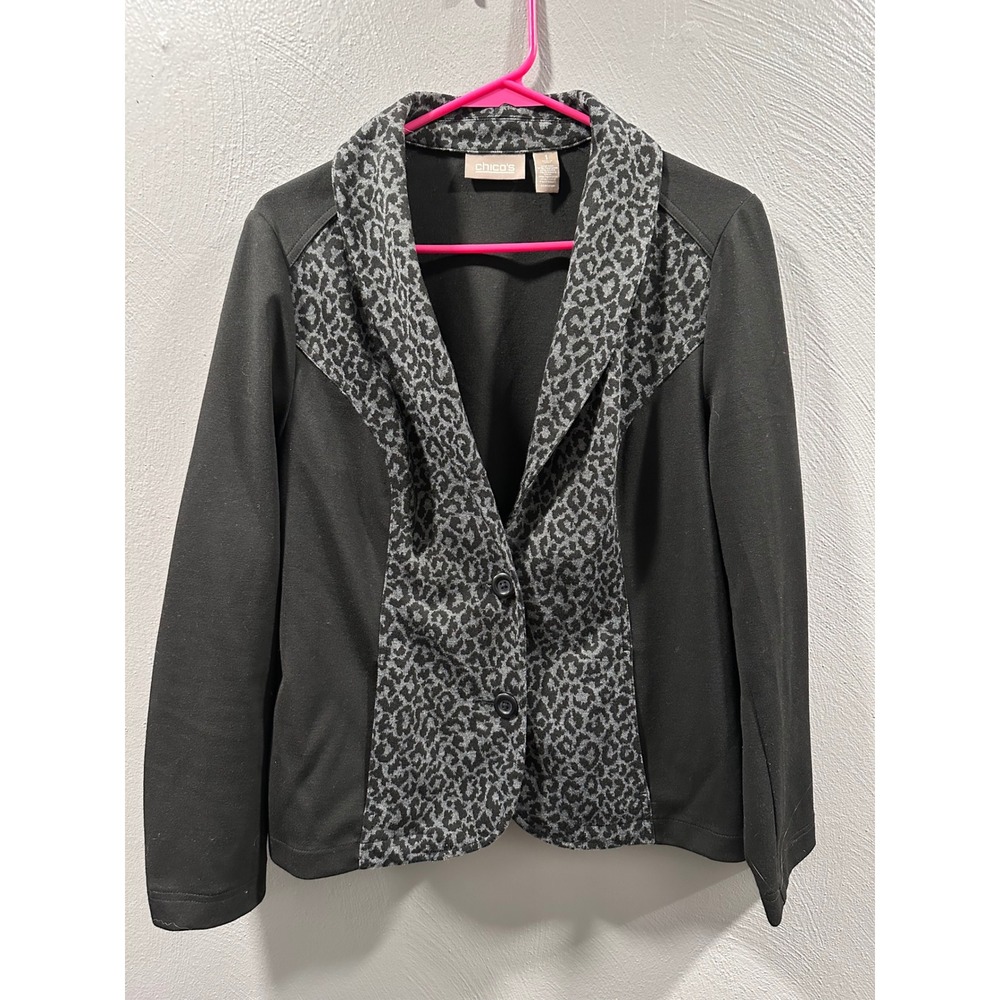 Chicos Blazer Jacket Womens Size 1 Black Grey Leopard Print Knit Two Button Coat